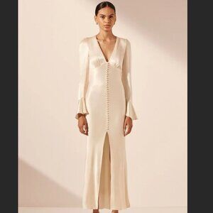 Shona Joy La Lune Frill Cuff Bias Midi Dress in Cream - Size 6